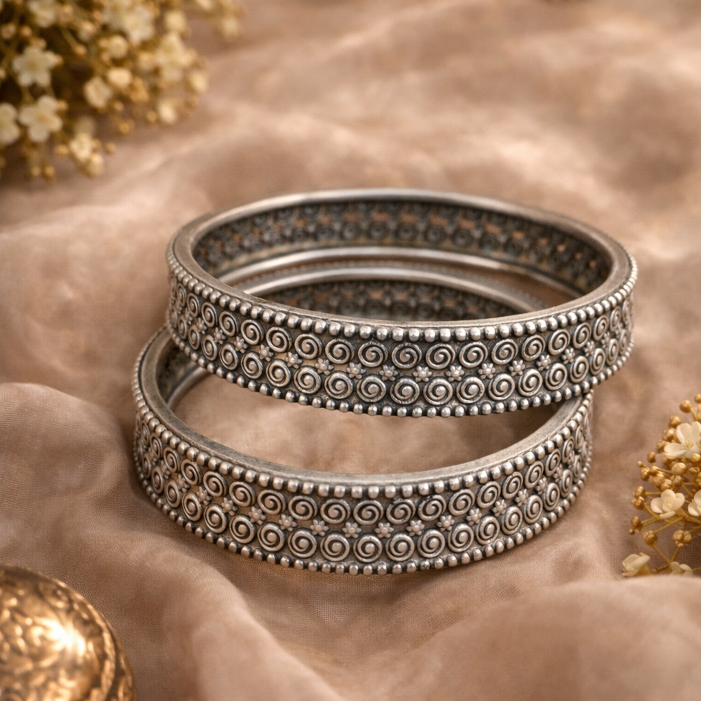 Oxidised Silver Spiral Design Kada Bangles for Women  | Elegant Ethnic Jewellery