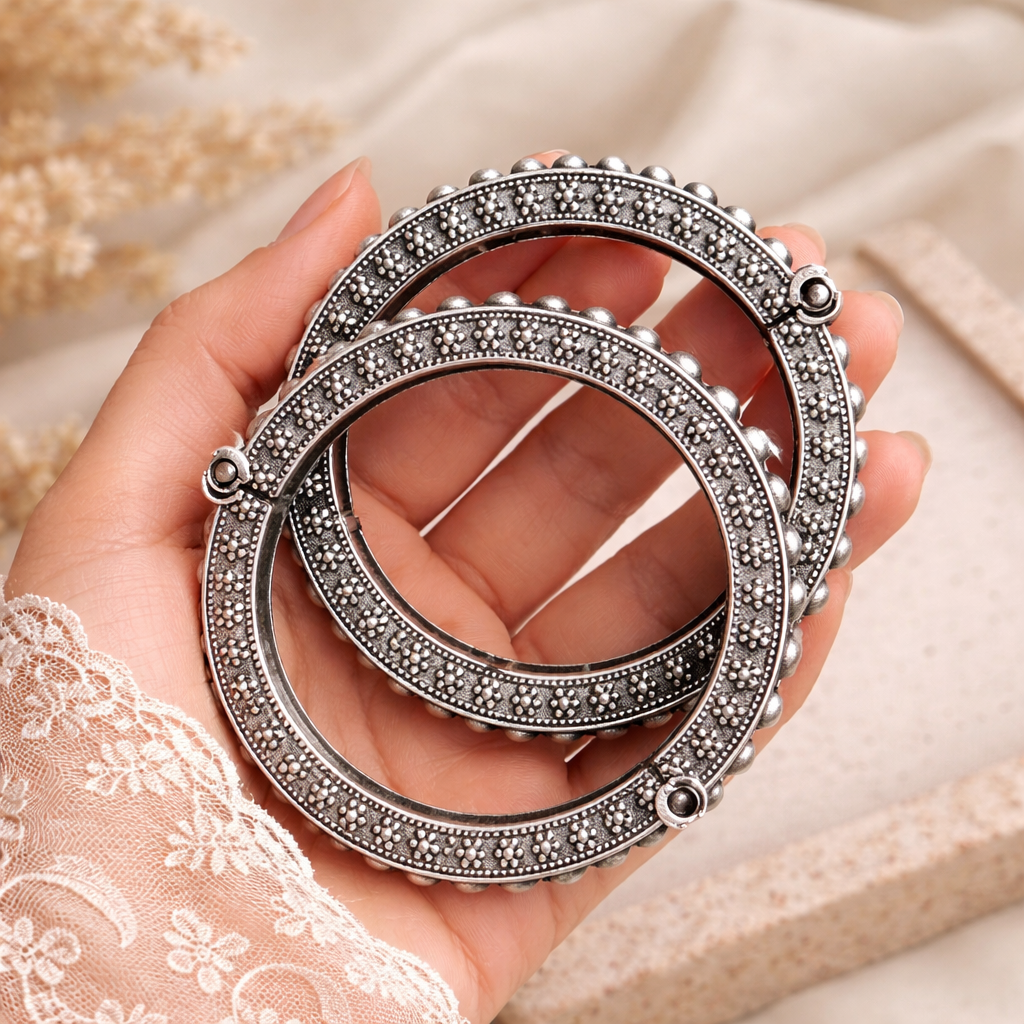 Oxidised Silver Classic Kada Bangles for Women  | Elegant Traditional Ethnic Jewellery