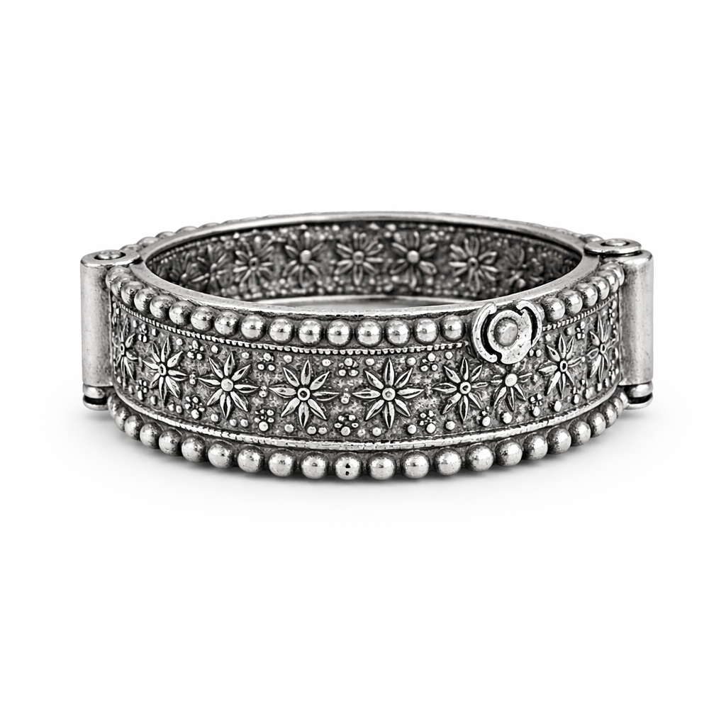 Oxidised Silver Floral Cuff Kada Bangles for Women | Heavy Ethnic Designer Bracelet
