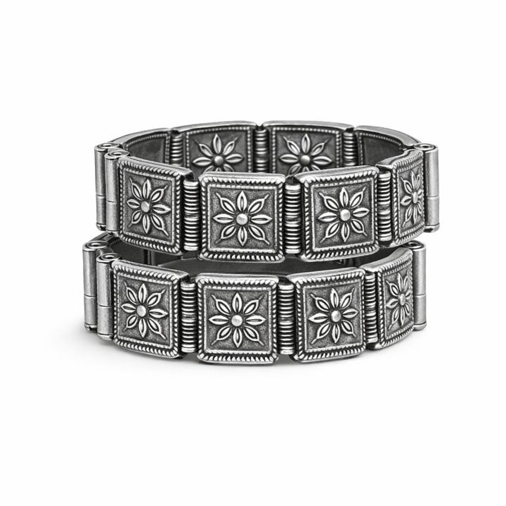 Oxidised Silver Square Panel Kada Bangles for Women | Designer Link Style Ethnic Bracelet