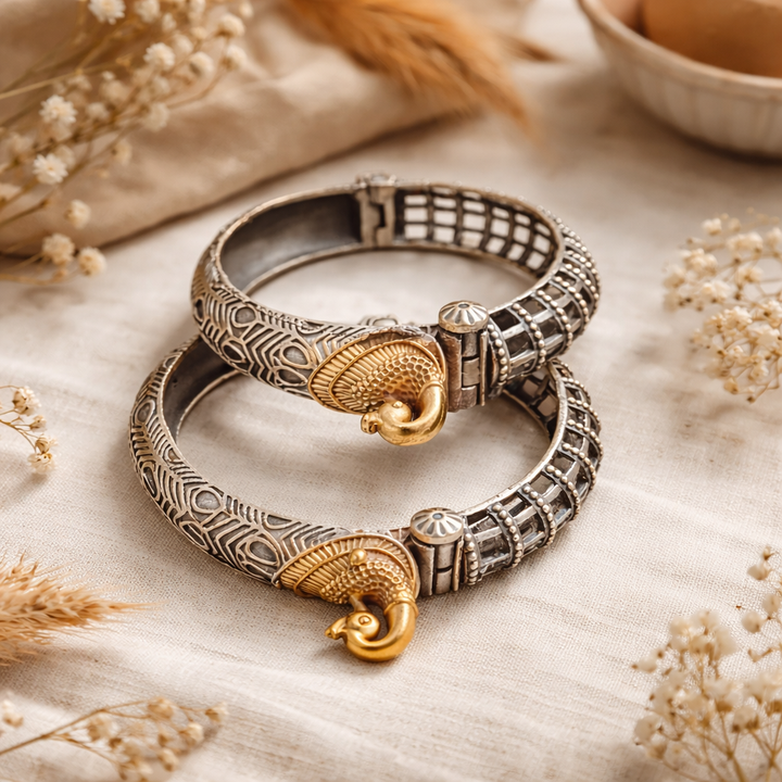 Artistic Elephant Dual Tone Kada | Antique Oxidised Silver Textured Statement Bracelet