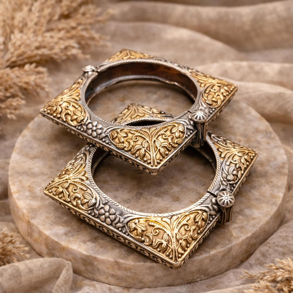 Royal Square Dual Tone Kada Bangles | Antique Gold & Oxidised Silver Statement Bracelet Set