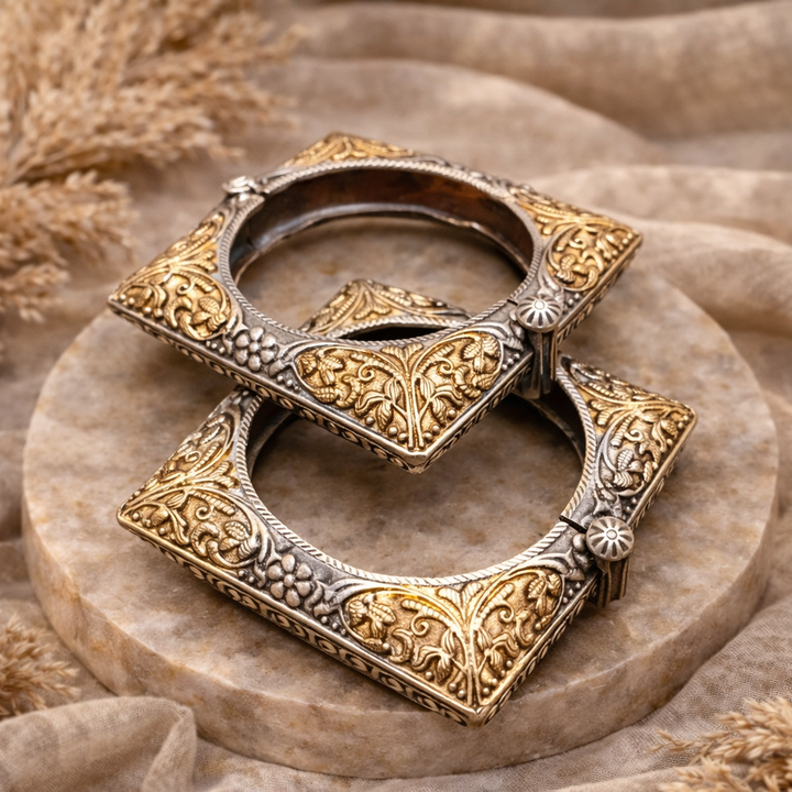 Royal Square Dual Tone Kada Bangles | Antique Gold & Oxidised Silver Statement Bracelet Set