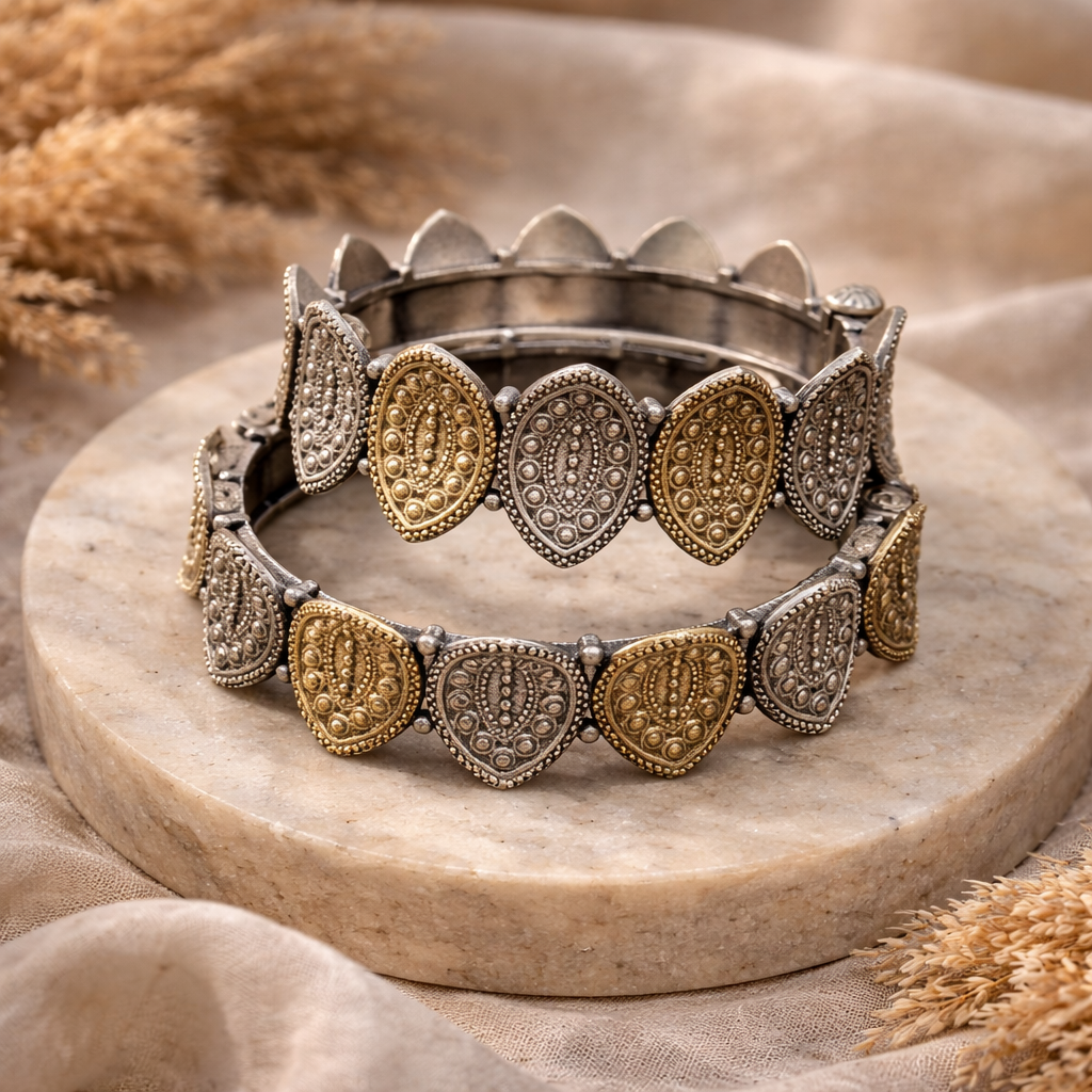 Vintage Dual Tone Kada Bracelet | Antique Oxidised Silver & Gold Designer Statement Bangle