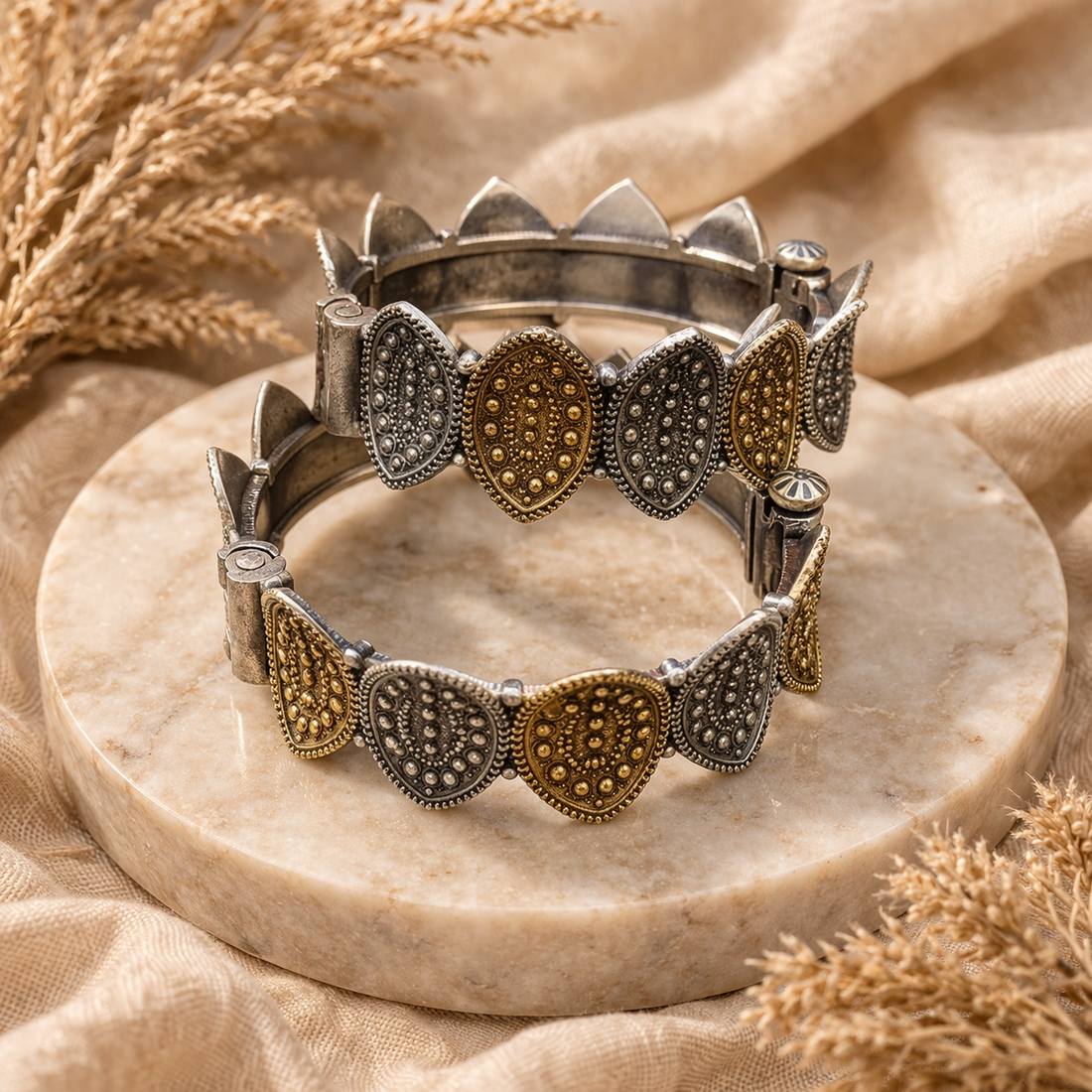 Vintage Dual Tone Kada Bracelet | Antique Oxidised Silver & Gold Designer Statement Bangle