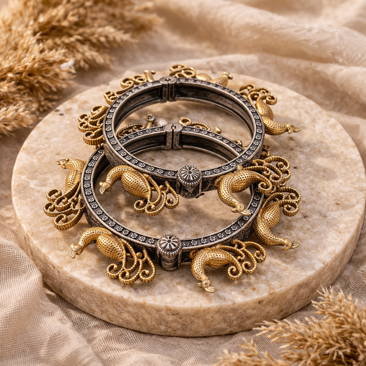 Royal Peacock Charm Kada | Dual Tone Antique Oxidised Silver Statement Bracelet