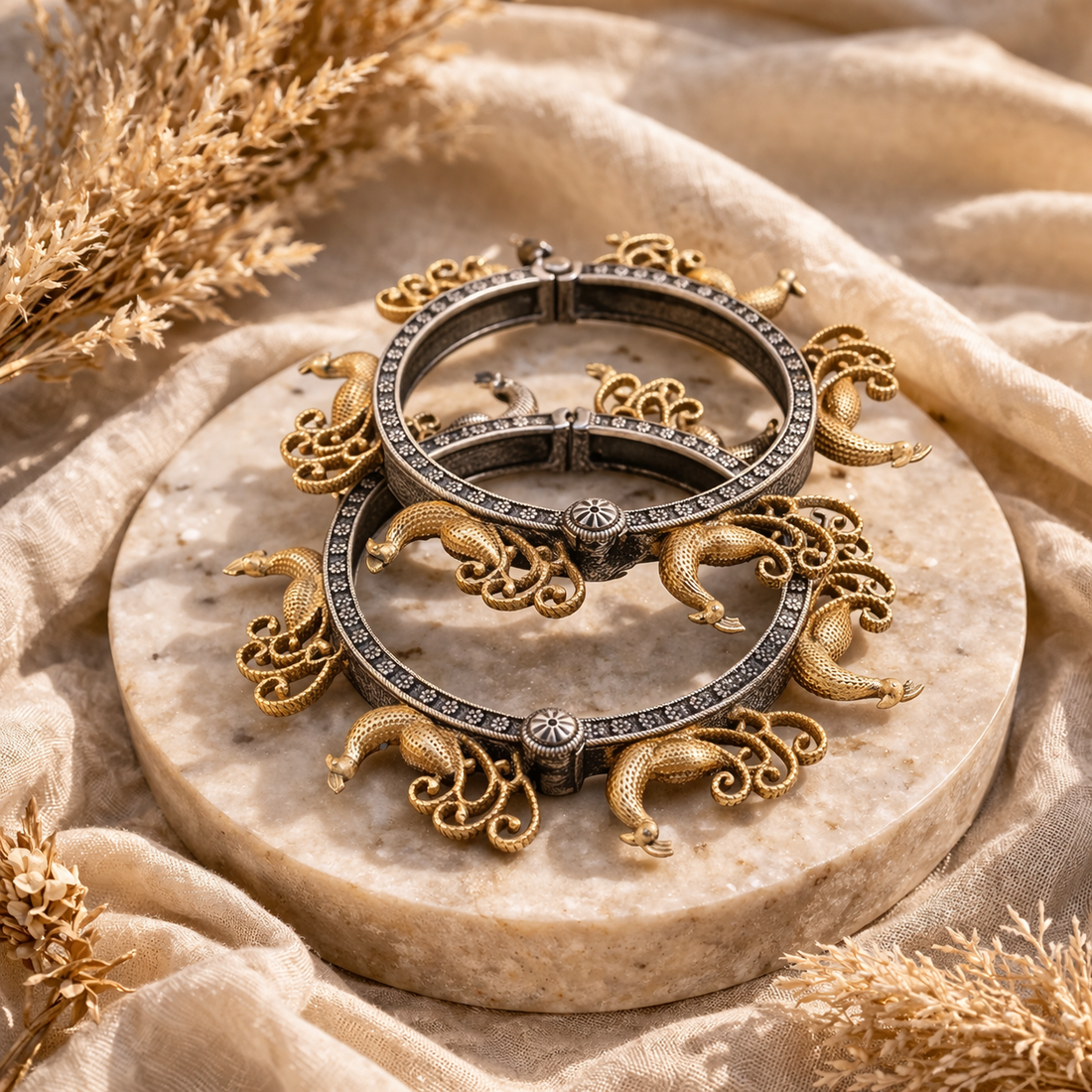 Royal Peacock Charm Kada | Dual Tone Antique Oxidised Silver Statement Bracelet