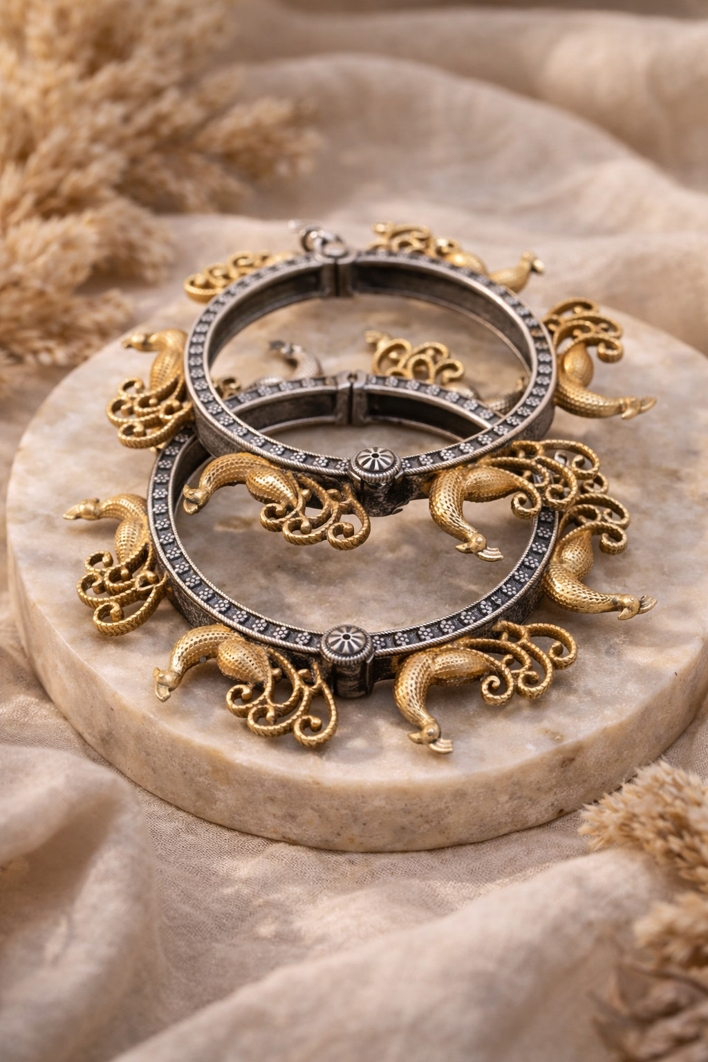 Royal Peacock Charm Kada | Dual Tone Antique Oxidised Silver Statement Bracelet