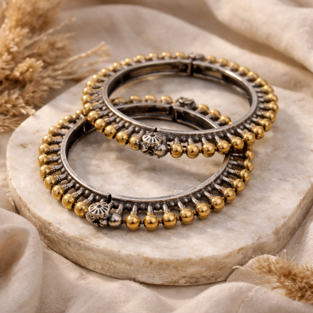 Dual Tone Beaded Kada Bracelet | Antique Oxidised Silver & Gold Ball Statement Bangle