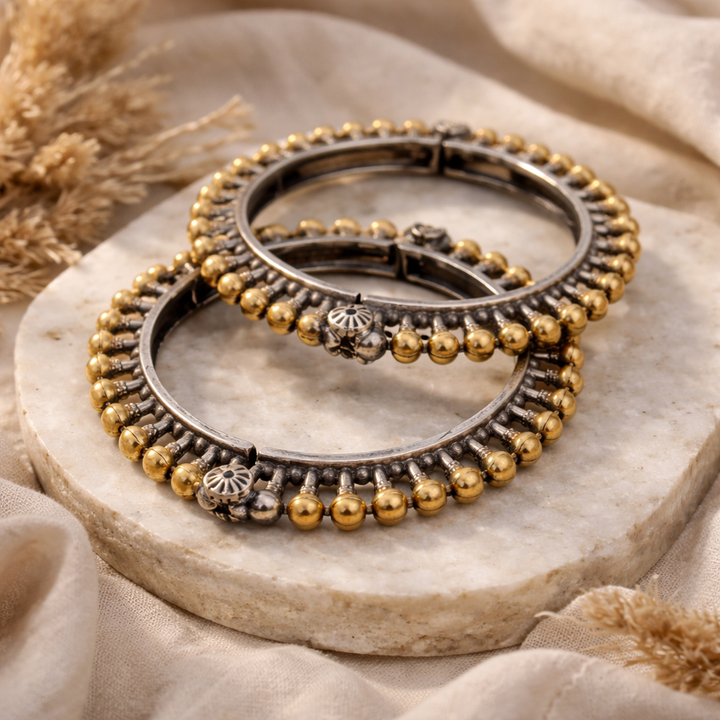 Dual Tone Beaded Kada Bracelet | Antique Oxidised Silver & Gold Ball Statement Bangle