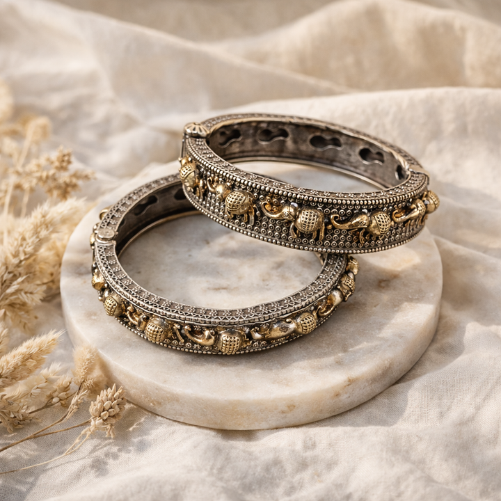 Dual Tone Charm Kada Bracelet | Antique Oxidised Silver & Gold Beaded Statement Bangle