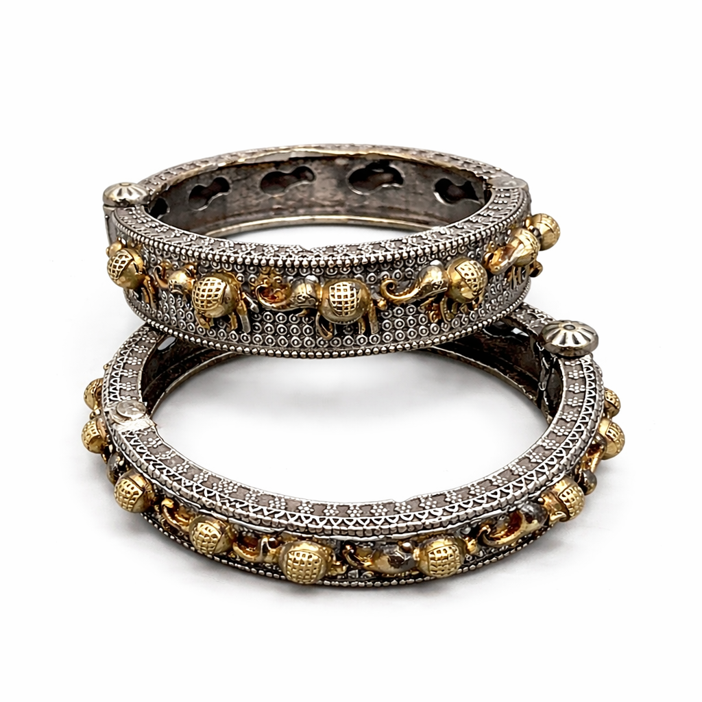 Dual Tone Charm Kada Bracelet | Antique Oxidised Silver & Gold Beaded Statement Bangle