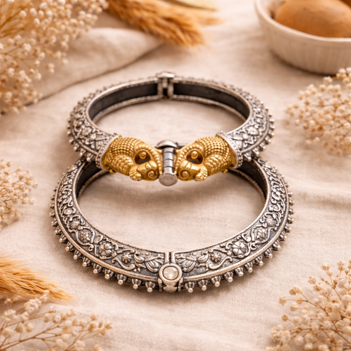 Royal Elephant Dual Tone Kada Bracelet | Antique Oxidised Silver & Gold Statement Bangle