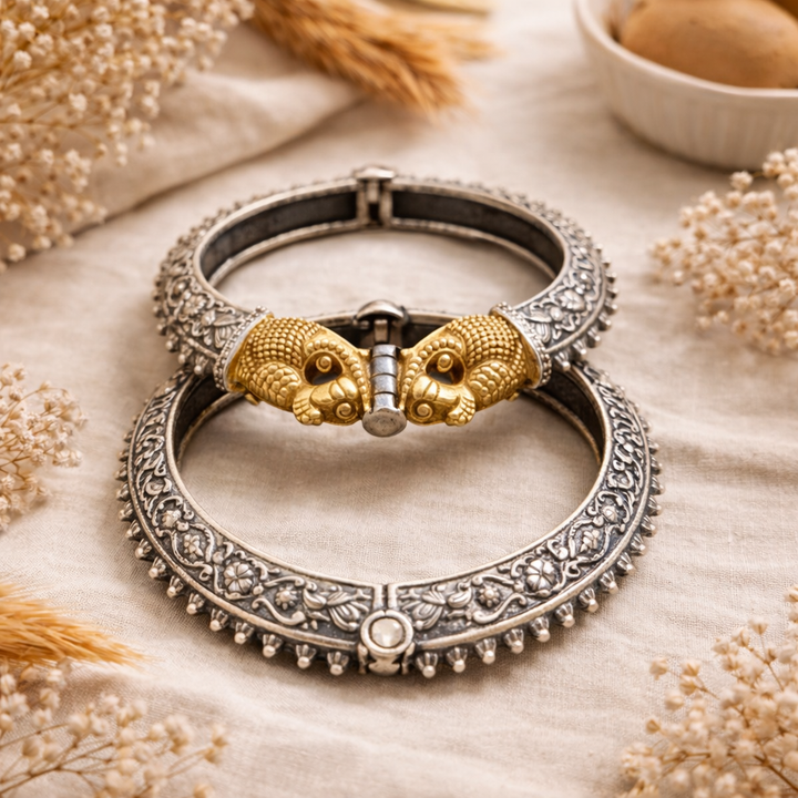 Royal Elephant Dual Tone Kada | Textured Antique Oxidised Silver Statement Bracelet