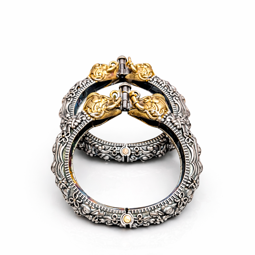 Royal Elephant Antique Kada Bangles | Dual Tone Oxidised Silver & Gold Statement Bracelet Set
