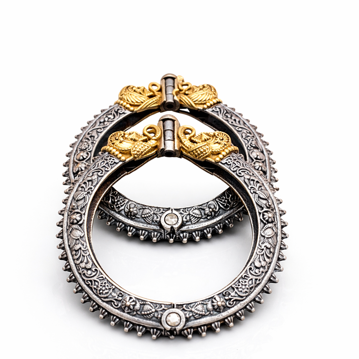 Royal Elephant Antique Kada Bangles | Dual Tone Oxidised Silver & Gold Statement Bracelet Set