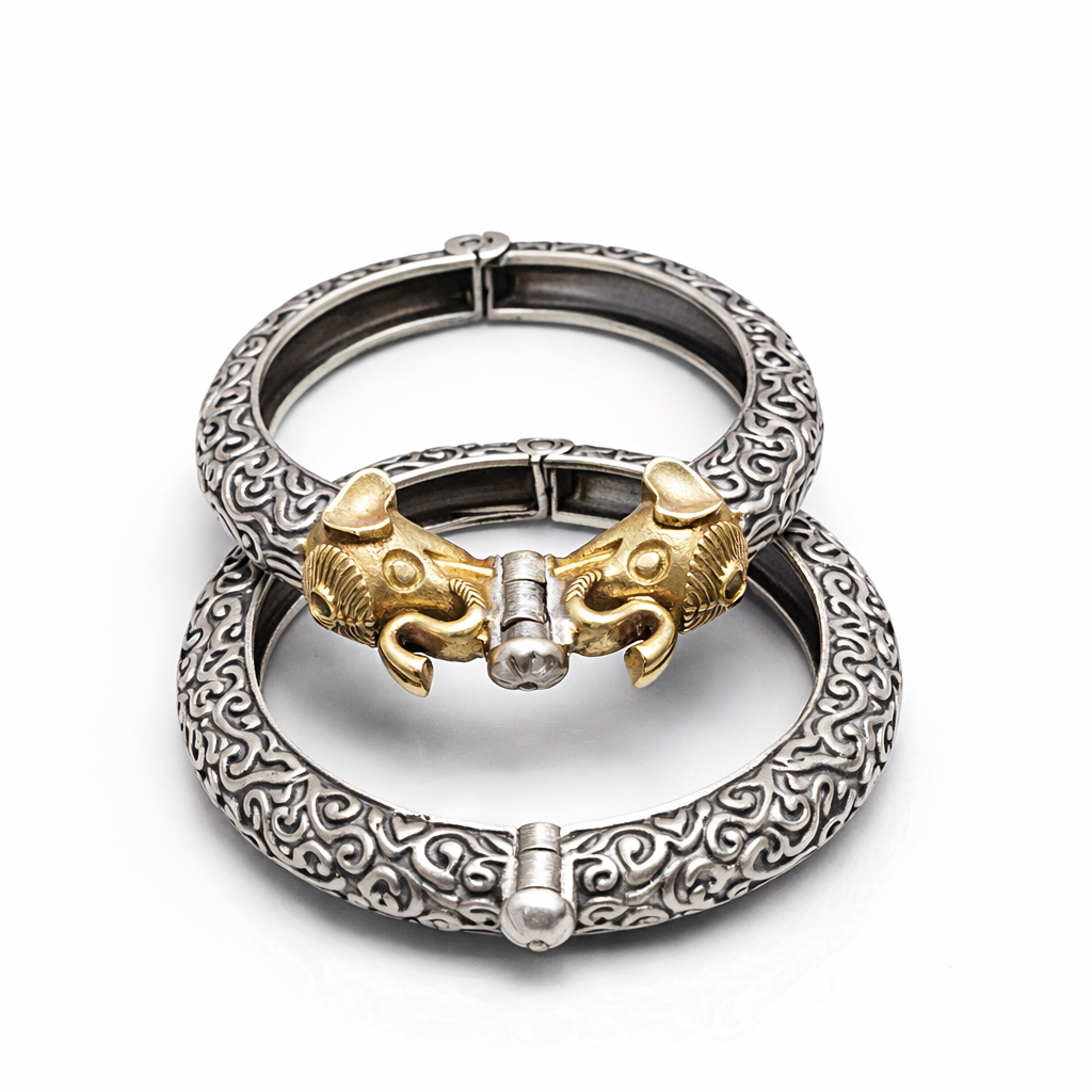Minimal Elephant Dual Tone Kada | Antique Oxidised Silver Statement Bracelet