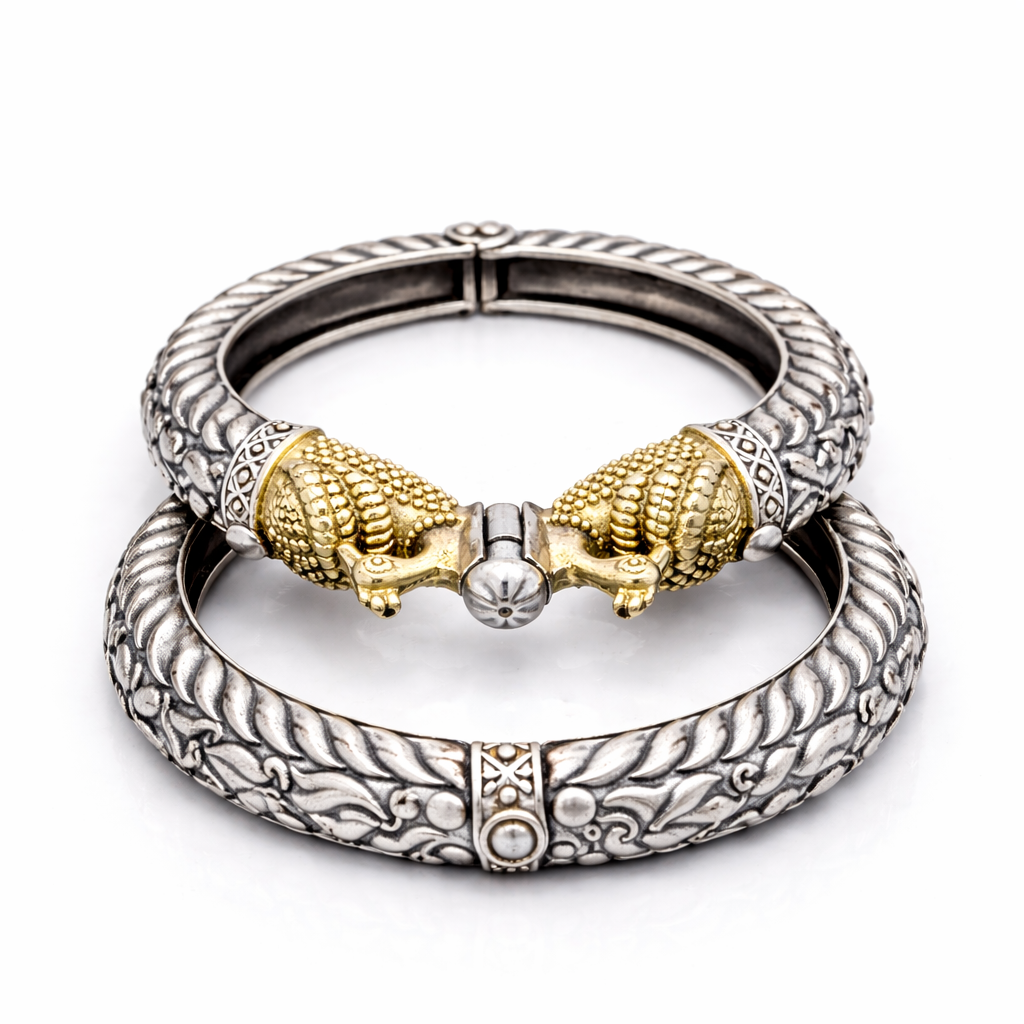 Royal Elephant Dual Tone Kada Bracelet | Antique Oxidised Silver & Gold Statement Bangle