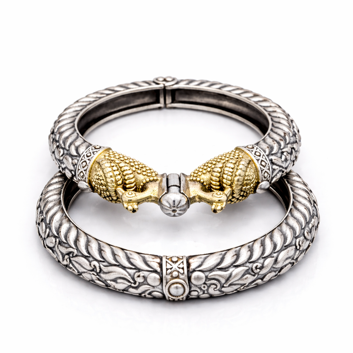 Royal Elephant Dual Tone Kada Bracelet | Antique Oxidised Silver & Gold Statement Bangle