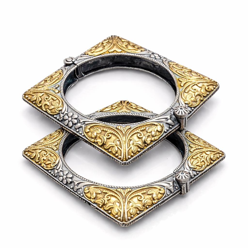 Royal Square Dual Tone Kada Bangles | Antique Gold & Oxidised Silver Statement Bracelet Set