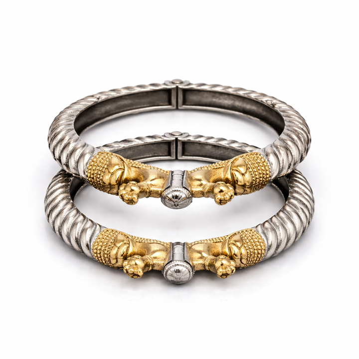 Royal Elephant Dual Tone Kada | Textured Antique Oxidised Silver Statement Bracelet