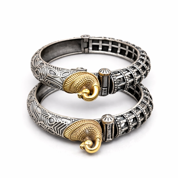 Artistic Elephant Dual Tone Kada | Antique Oxidised Silver Textured Statement Bracelet