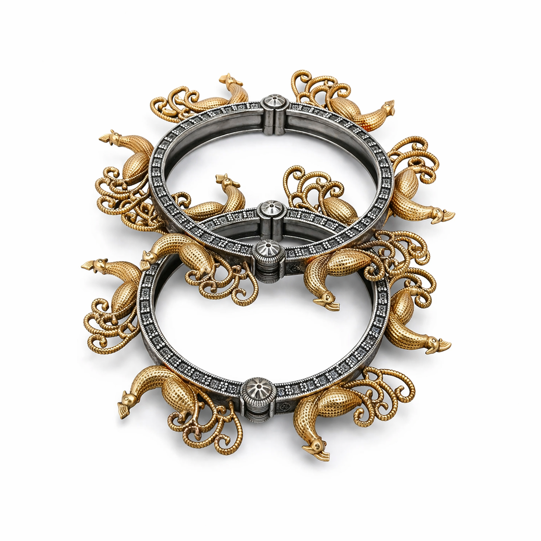 Royal Peacock Charm Kada | Dual Tone Antique Oxidised Silver Statement Bracelet