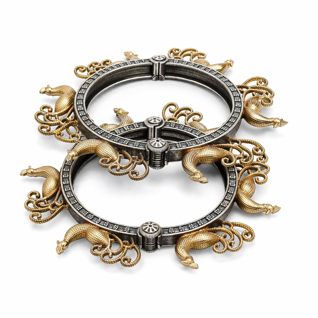 Royal Peacock Charm Kada | Dual Tone Antique Oxidised Silver Statement Bracelet