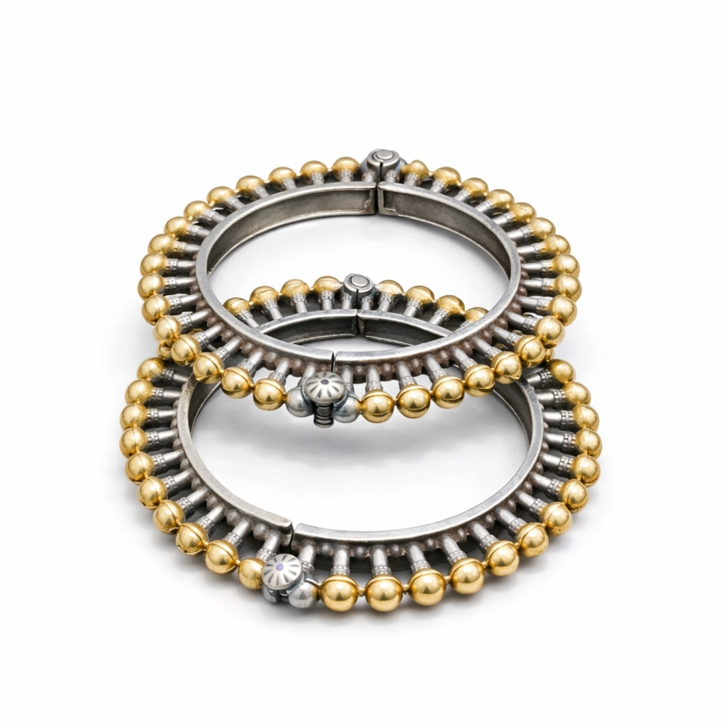 Dual Tone Beaded Kada Bracelet | Antique Oxidised Silver & Gold Ball Statement Bangle
