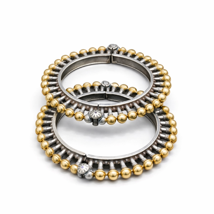 Dual Tone Beaded Kada Bracelet | Antique Oxidised Silver & Gold Ball Statement Bangle