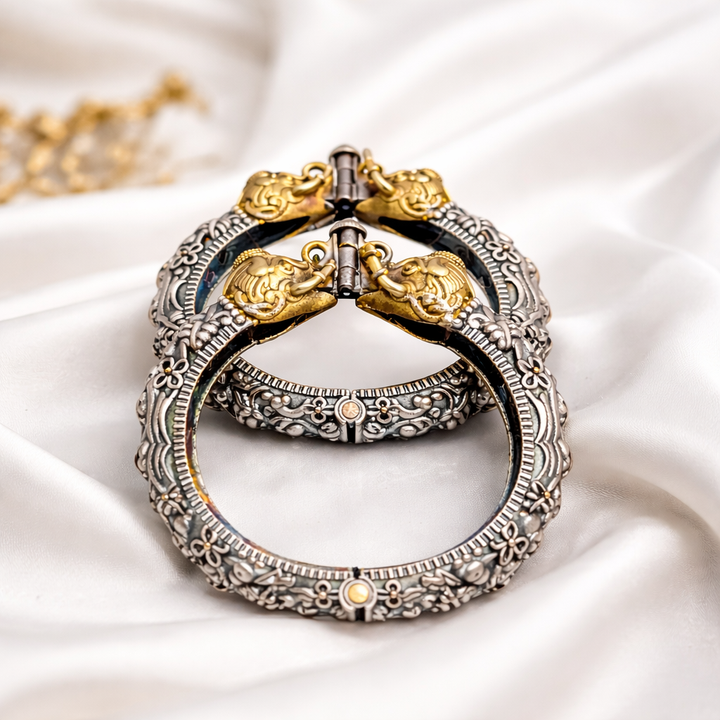 Royal Elephant Antique Kada Bangles | Dual Tone Oxidised Silver & Gold Statement Bracelet Set