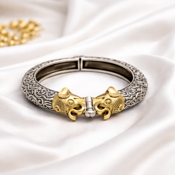 Minimal Elephant Dual Tone Kada | Antique Oxidised Silver Statement Bracelet