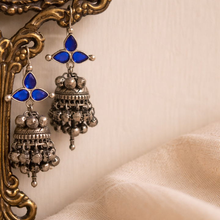 Oxidised Blue Jhumka Earrings | Traditional Tribal Boho Statement Earrings