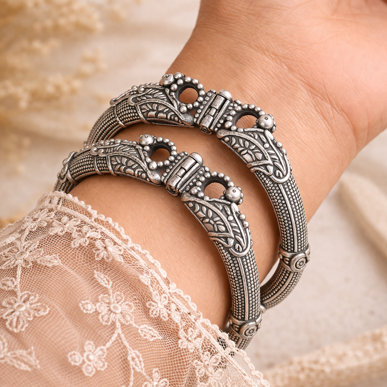 Oxidised Silver Traditional Kada Bangles for Women  | Ethnic Vintage Design