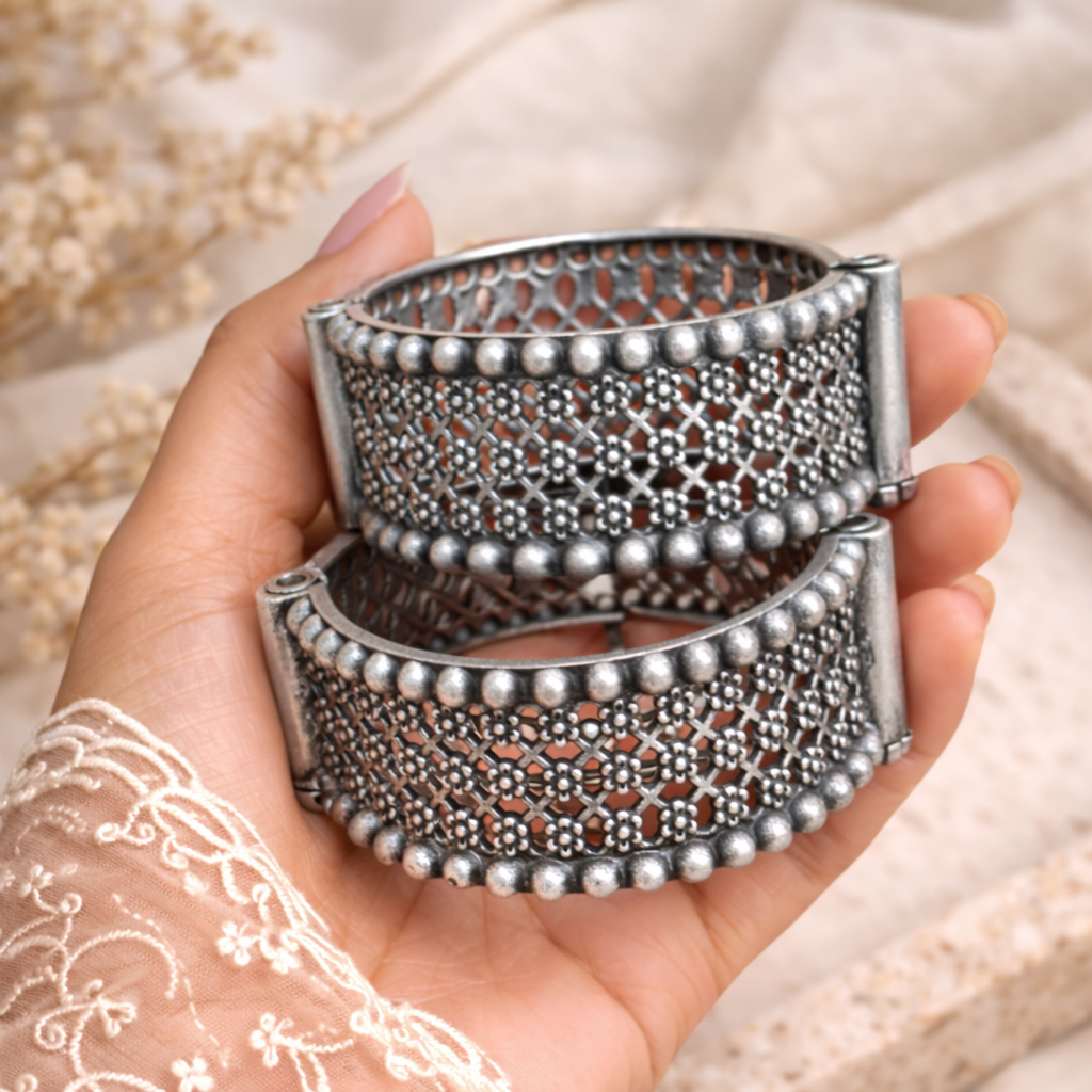Oxidised Silver Statement Cuff Kada Bangles for Women  | Heavy Ethnic Designer Bracelet