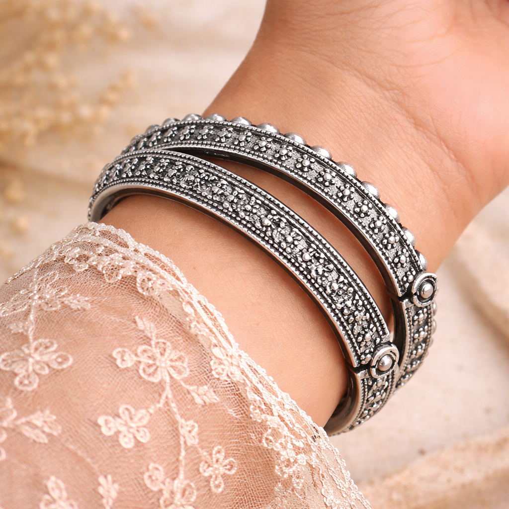 Oxidised Silver Textured Kada Bangles for Women | Elegant Everyday Ethnic Wear