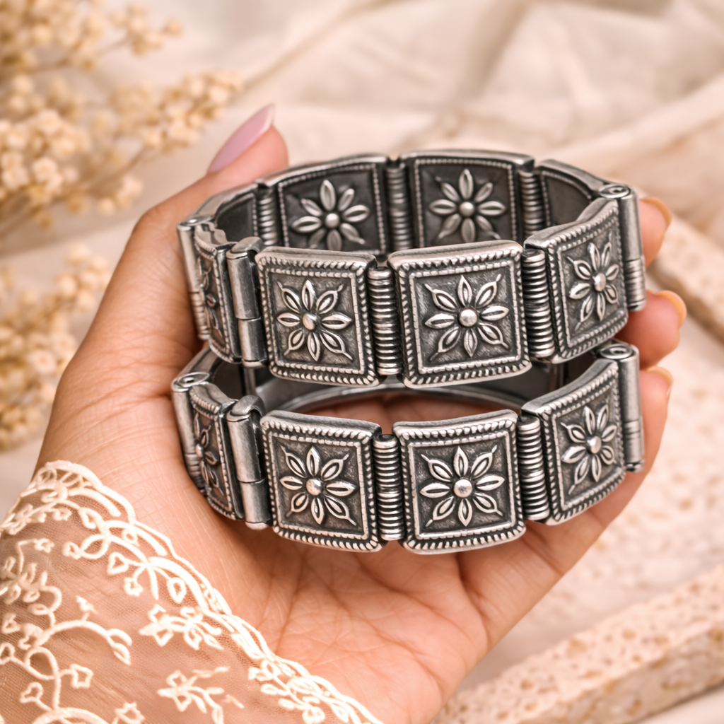 Oxidised Silver Square Panel Kada Bangles for Women | Designer Link Style Ethnic Bracelet