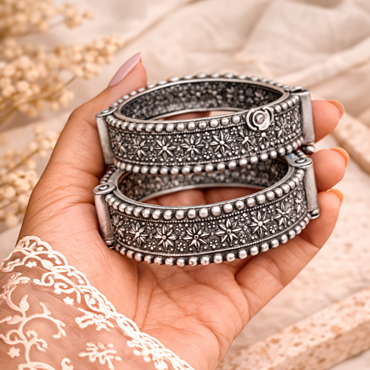 Oxidised Silver Floral Cuff Kada Bangles for Women | Heavy Ethnic Designer Bracelet