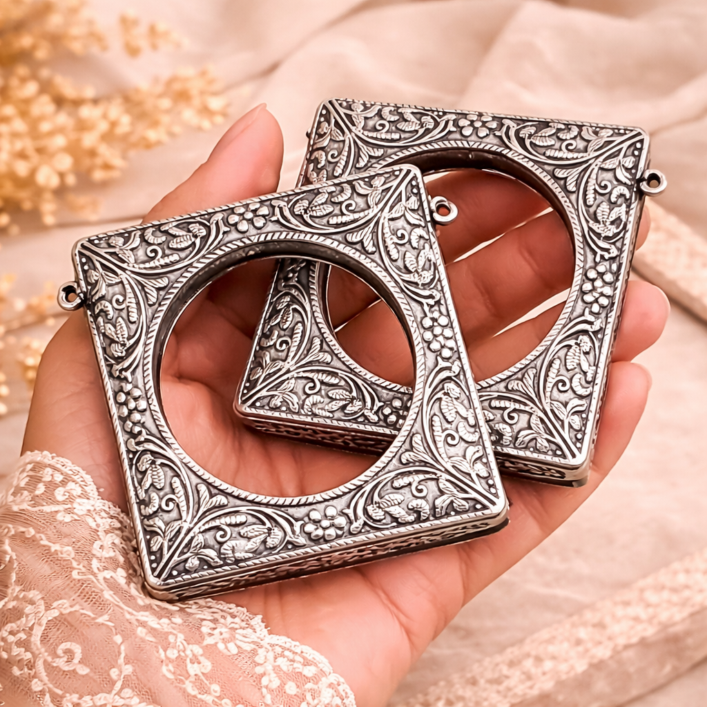 Oxidised Silver Geometric Statement Kada Bangles for Women  | Designer Square Ethnic Bracelet