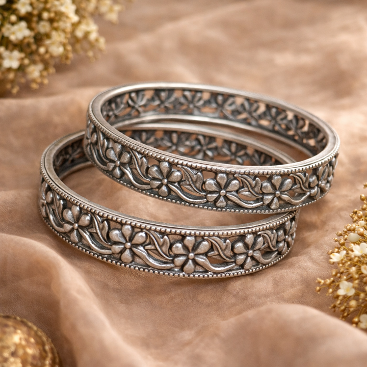 Oxidised Silver Floral Vine Kada Bangles for Women | Elegant Ethnic Jewellery