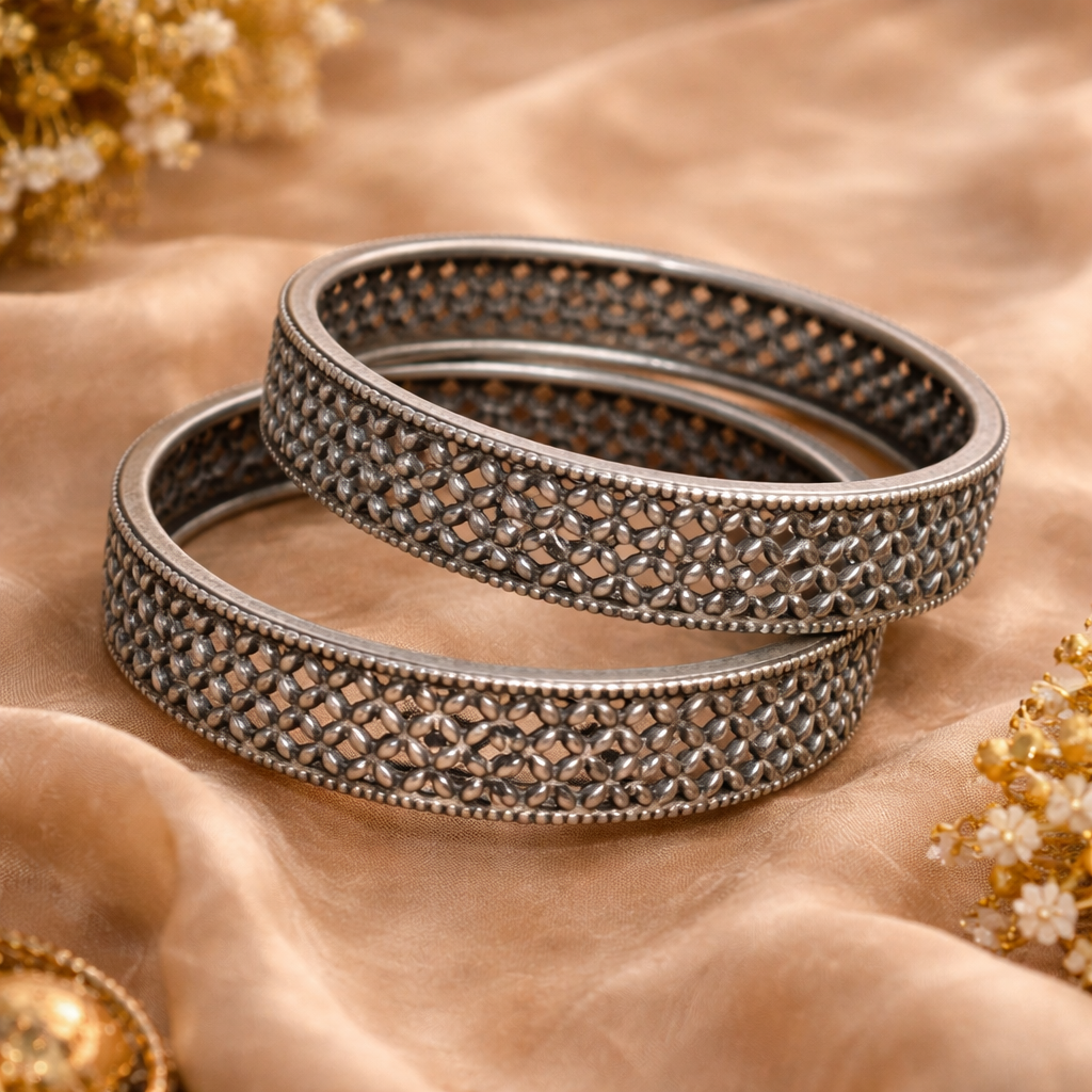 Oxidised Silver Jaali Design Kada Bangles for Women| Elegant Lightweight Ethnic Jewellery